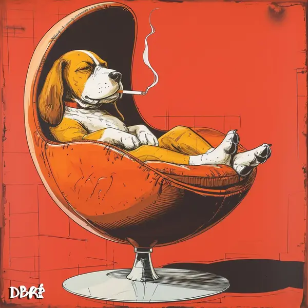 A chilled-out beagle lounging in a retro egg chair