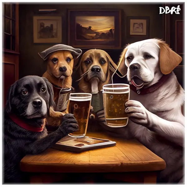 Four dogs sharing pints around a pub table