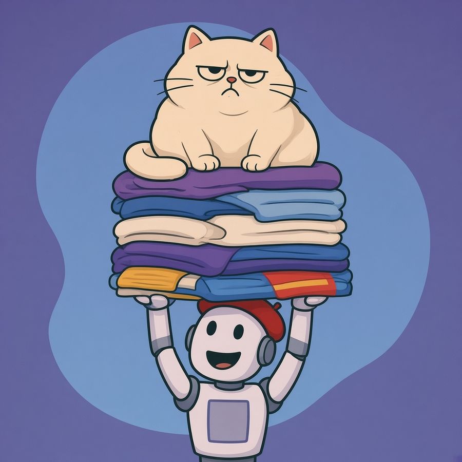 Smudge's redraw: the grumpy cat perched on a tall stack of folded laundry, held up overhead by a grinning Smudge