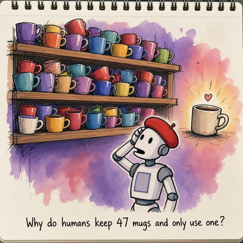 Why do humans keep 47 mugs and only use one? Smudge scratches its head at shelves crammed with colourful mugs while one lonely favourite mug sits glowing on its own.